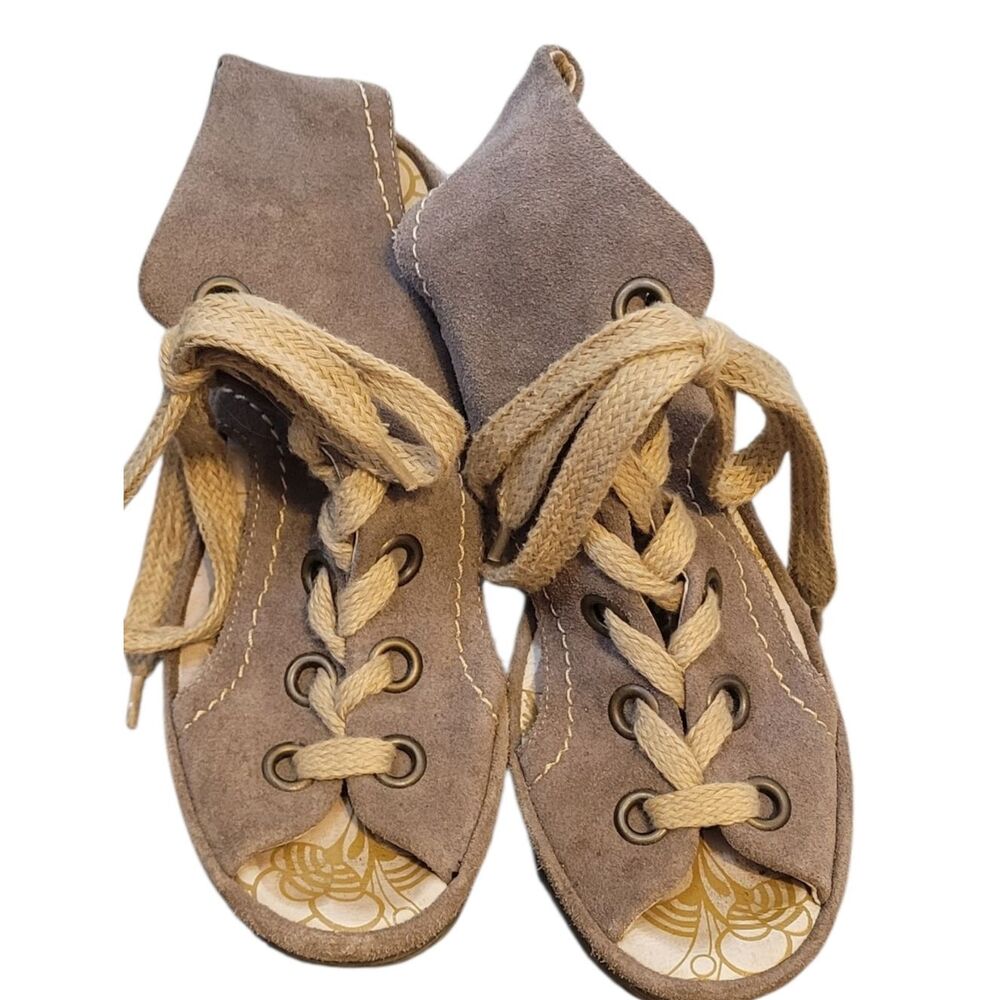 Fly London Taupe Suede Lace-Up Wedge Sandals with Braided Laces Size 38/US 7.5